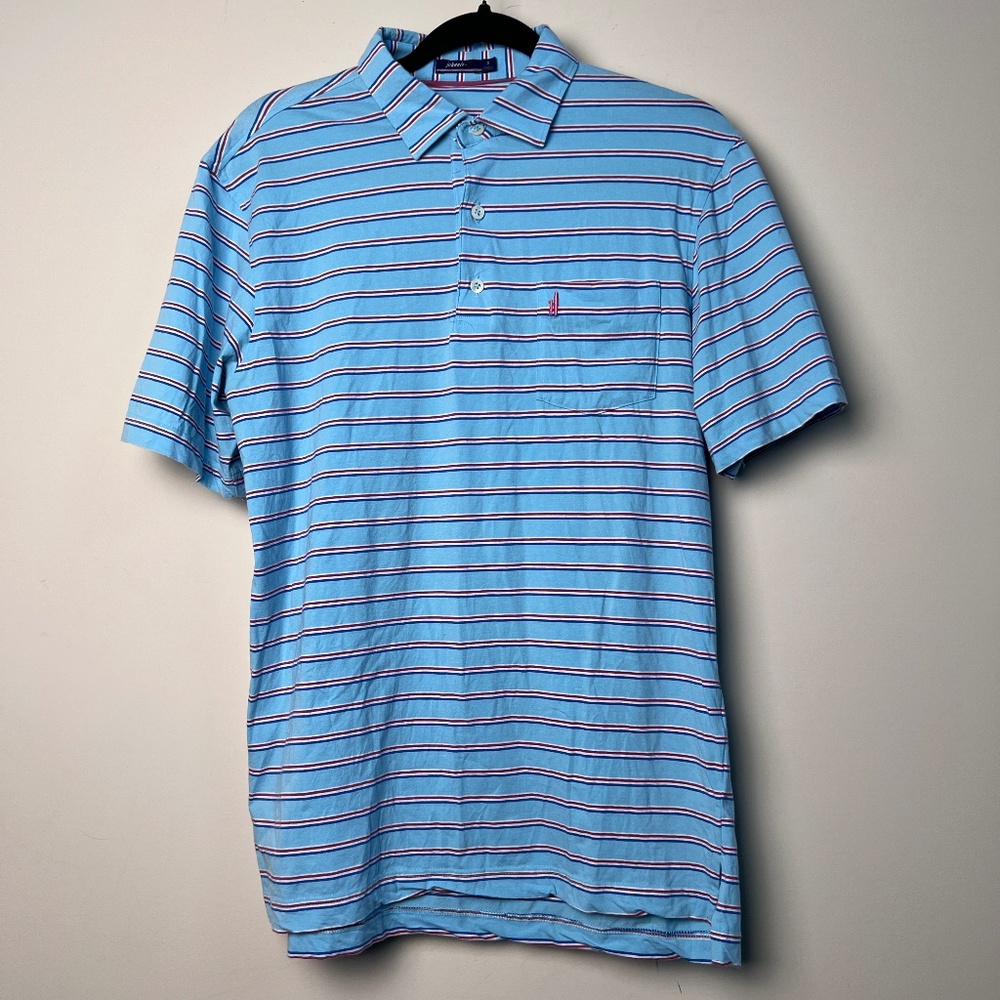 Johnnie-O Blue Red White Stripe Embroidery Short Sleeve Button Polo Men’s Small
